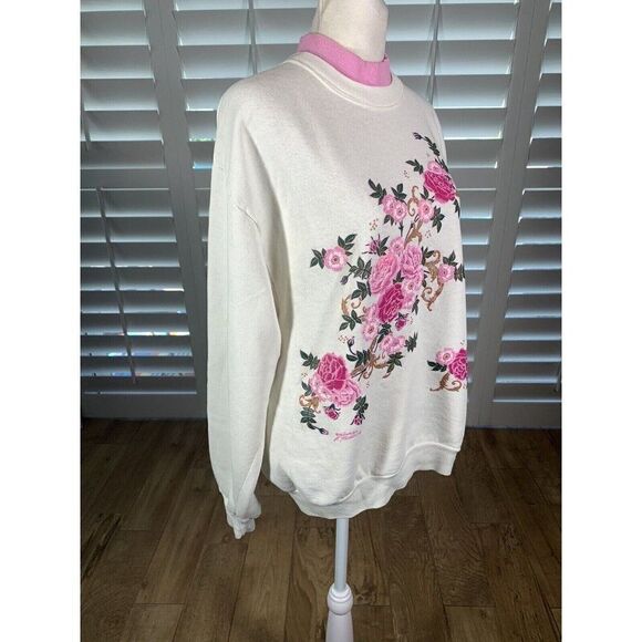 Vtg Grandma Core Double Collar White Pink Flowers Sweatshirt M/L K Hamilton - Picture 3 of 12